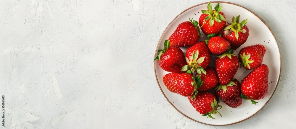 Poster strawberries arranged on a plate with a white backdrop ideal for a copy space image