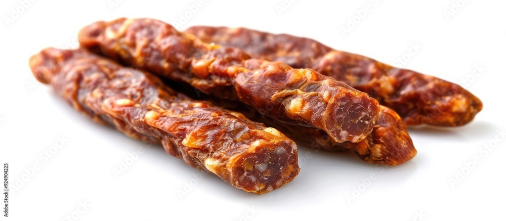 Poster A macro photo of isolated dried meat sausages on a white background with copy space image available