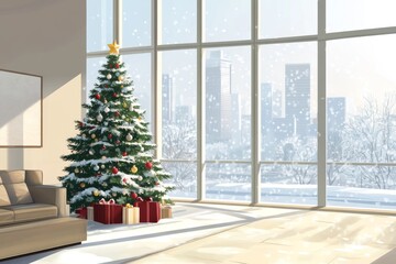 A beautifully decorated Christmas tree in a modern living room, with a large window showing a snowy cityscape 