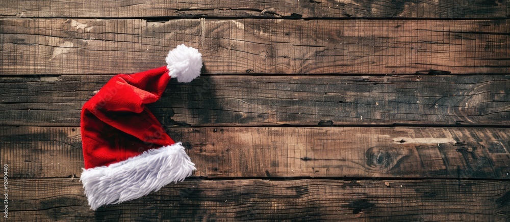Poster top view of santa claus s red hat on a wooden backdrop with copy space image