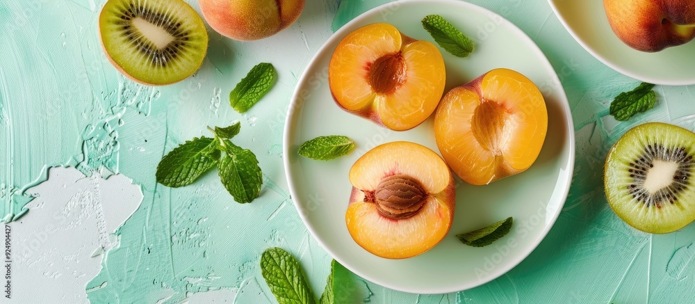 Poster kiwis and peaches sliced on plates against a mint backdrop with copy space image