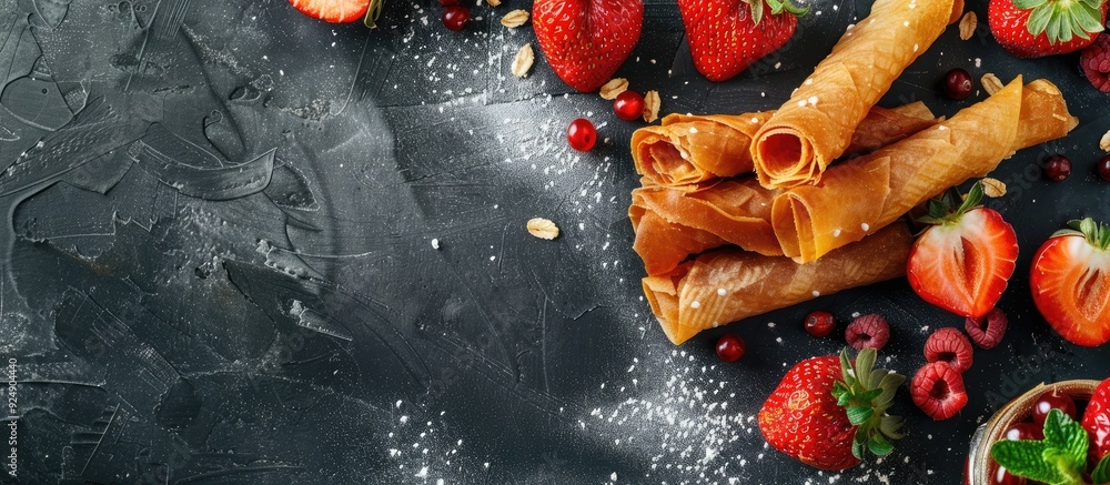 Fototapete Gray table displaying tasty fruit leather rolls in a flat lay presentation with an open area for adding text within the image. Creative banner. Copyspace image