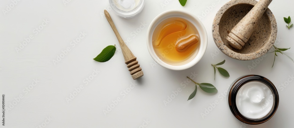 Leinwandbilder top view of a natural handmade cosmetics concept with a mortar and pestle and cream jar placed on a 