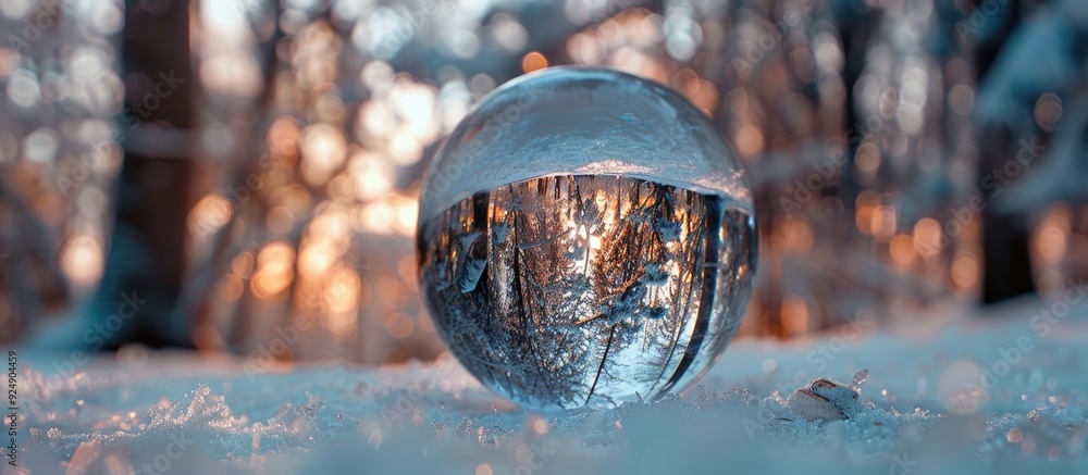 Poster view of a winter forest scene captured within a glass ball creating a unique copy space image