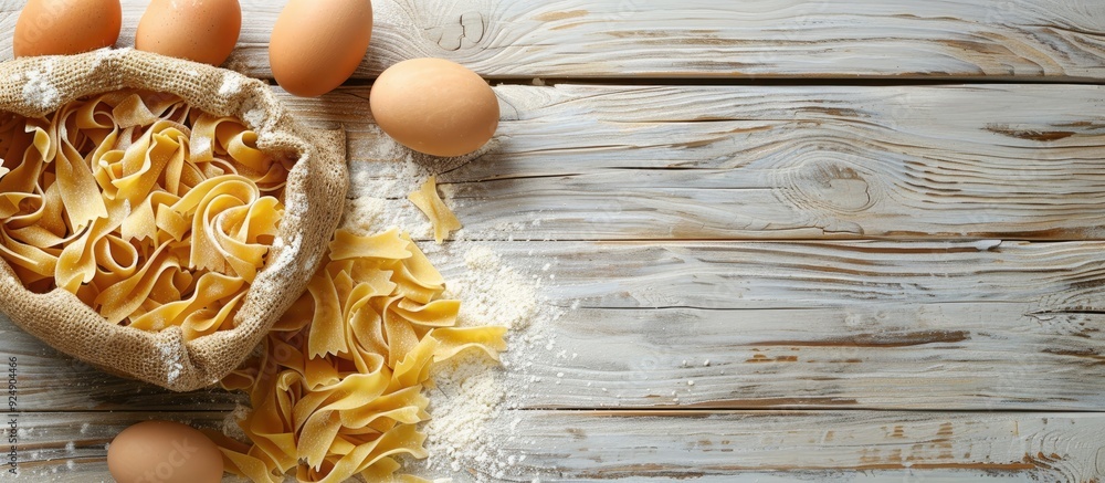 Poster white wooden table with a bag of pasta made with eggs and flour providing copy space image