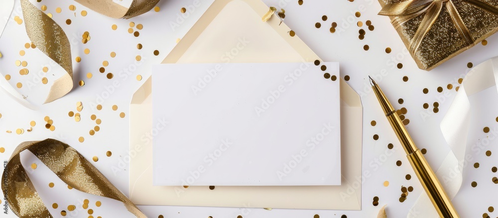 Poster white background featuring a blank note surrounded by an envelope ribbon confetti pen and golden gli
