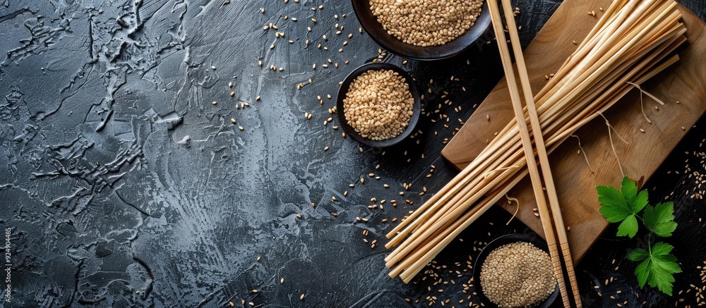 Aufkleber top view of ready to cook soba buckwheat noodles as a meal or snack on a rustic table ideal for keto