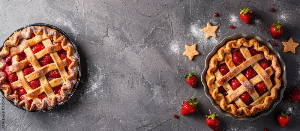 Poster top view of a strawberry and rhubarb pie with star decorations on a grey table featuring copy space 