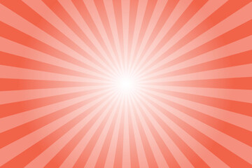 Abstract tomato red sunburst background with sun ray. Pattern of starburst. Texture with light of sunburst. Radial beam of sunlight. Retro background with flash. Design of sunbeams. Vector.