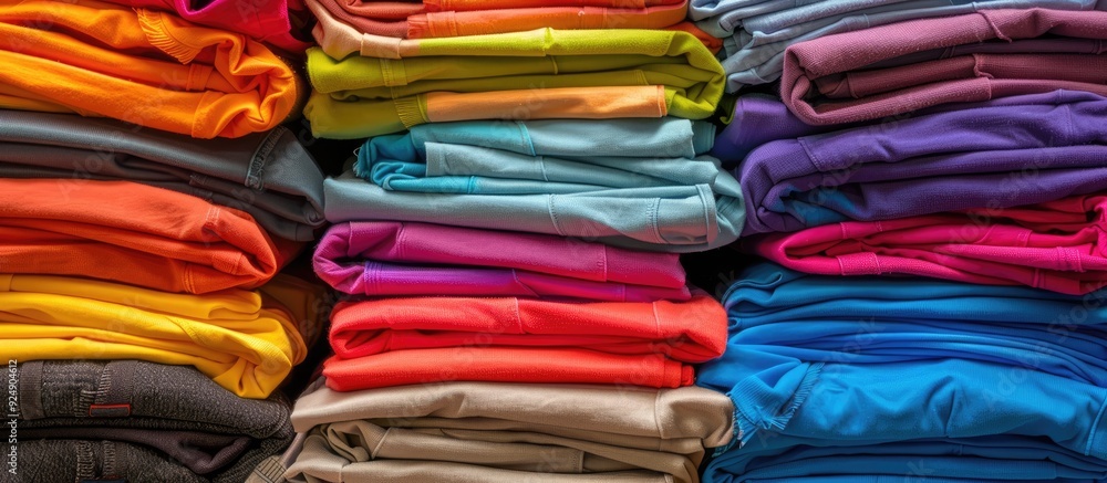 Aufkleber A variety of colorful t shirts stacked neatly against a backdrop of folded clothes creating a vibrant display with copy space image