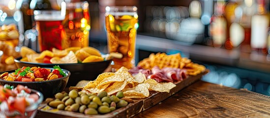 Enjoy a variety of snacks like chips nachos pistachios and salami with drinks at the bar to relax with friends Focus on the snacks with selective background and copy space image