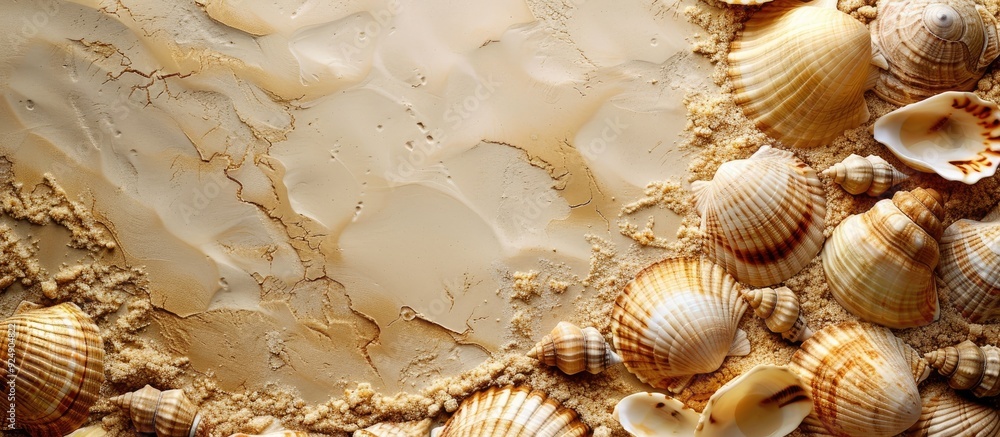 Poster an elegant photo frame adorned with golden sea shells on a sandy background perfect for a copy space
