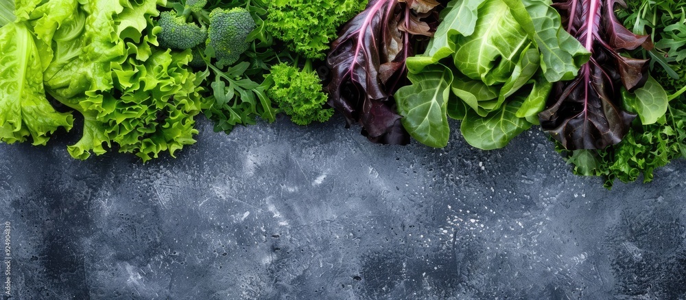 Poster top view of lettuce and other raw vegetables with free space for text in the image. creative banner.