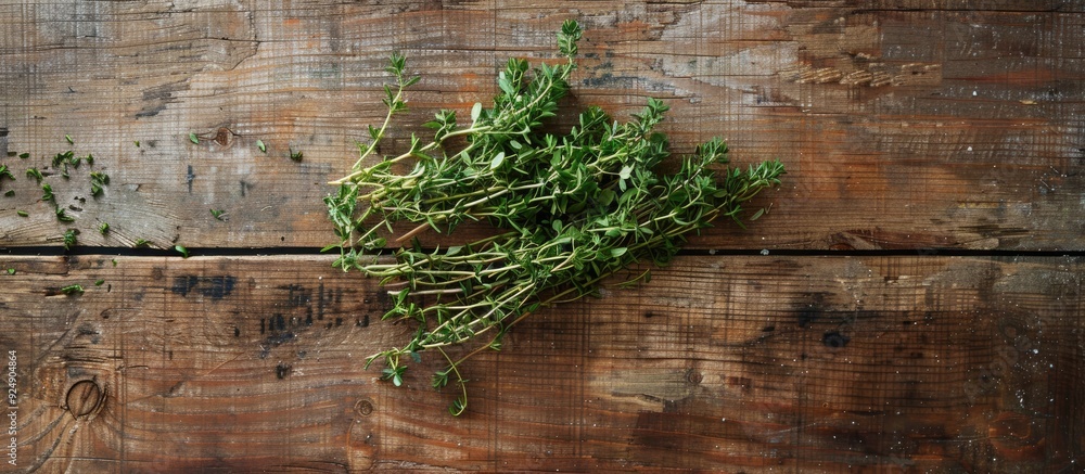 Poster A rustic image with a cluster of fresh thyme on a wooden backdrop reminiscent of a vintage magazine spread leaving room for additional elements
