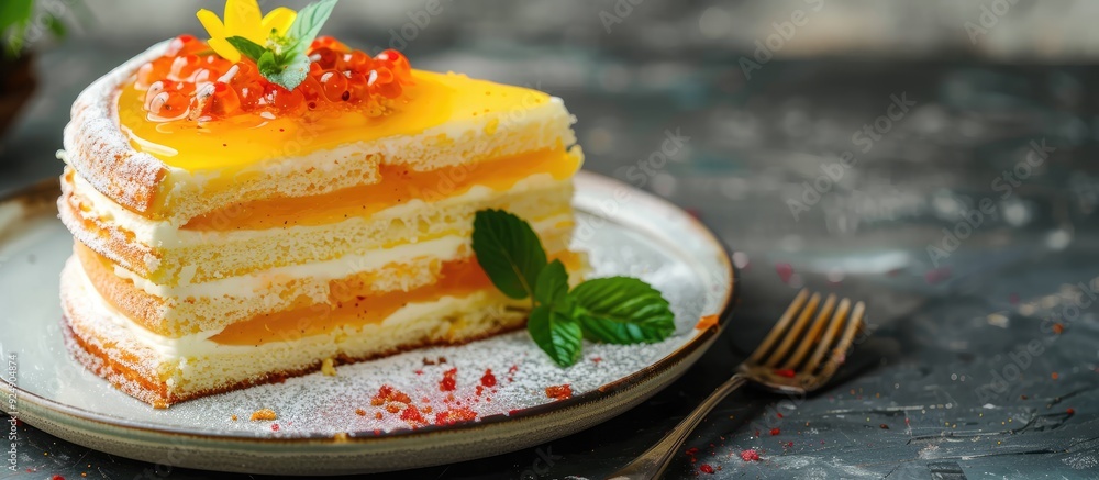 Aufkleber selective focus on a three layers rich egg yolk cake with jam between them spiku or lapis surabaya i