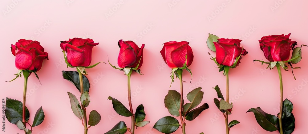 Fototapete a minimal concept holiday background with a row of red roses on a soft pink surface in a flat lay of