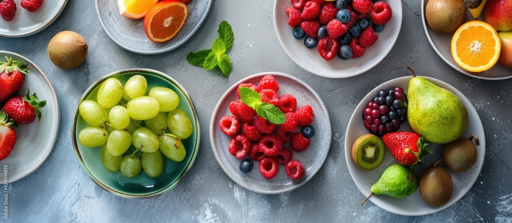 Poster a light table showcasing a variety of fresh fruits on plates ideal for a copy space image