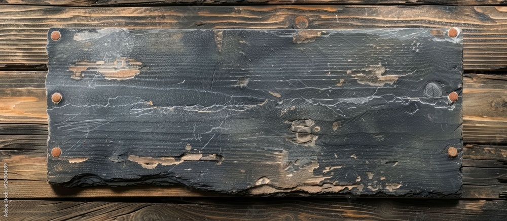 Aufkleber Wooden plank background with a slate stone sign board providing a rustic touch creating a picturesque scene with a copy space image