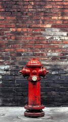Red fire hydrant standing in front of a brick wall