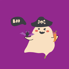 Cute halloweens ghost pirate. Childrens character with funny face and speech bubble boo or spooky night.