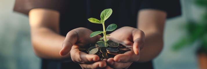 A close-up of hands nurturing a small plant growing from a pile of coins, symbolizing growth, investment, and environmental sustainability.