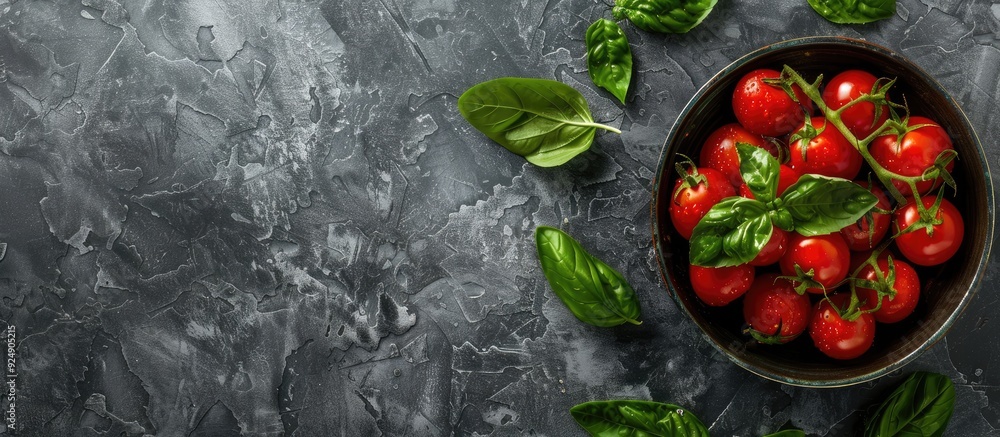 Aufkleber an overhead view of a bowl filled with organic tomatoes leaves and basil creating a picturesque copy
