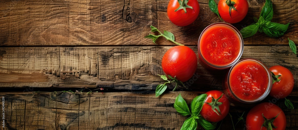Poster Tomato smoothie juice in metal container on wooden backdrop with copy space image