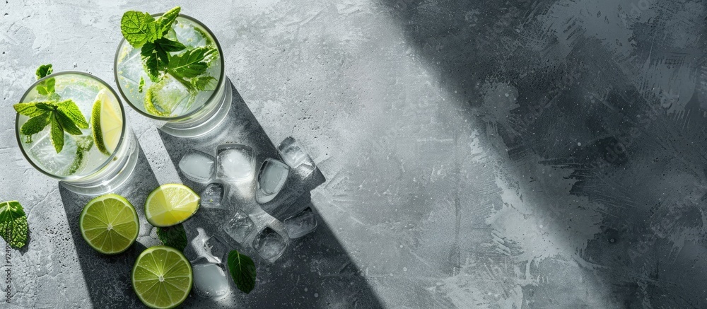Poster top view image of two highball glasses with a traditional mojito cocktail featuring rum mint lime ju