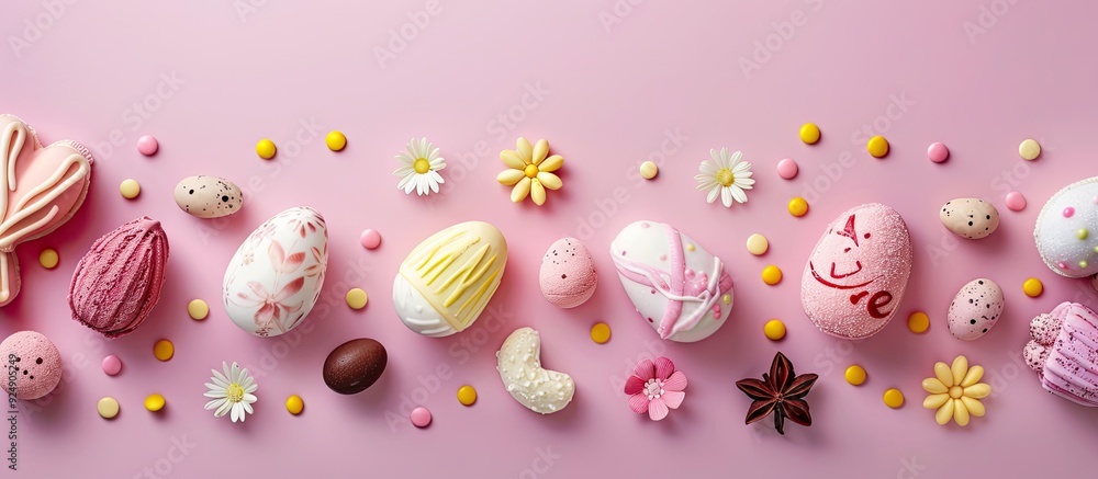 Poster Easter sweets arranged in a flat lay design with room for text in the image. Creative banner. Copyspace image
