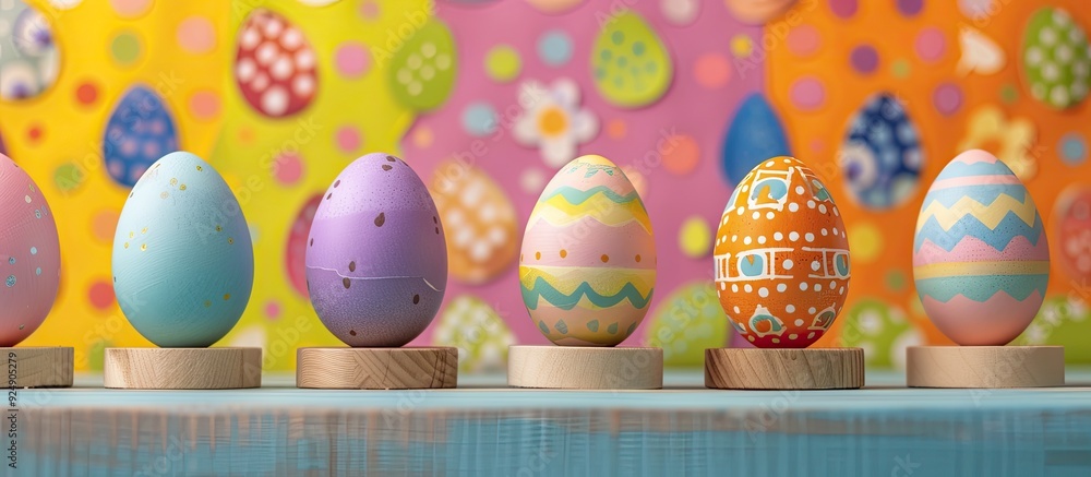 Poster easter eggs displayed on wooden stands against a colorful paper background with empty copy space ima