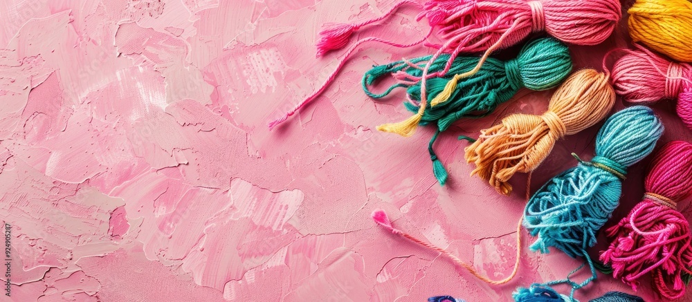 Poster A vibrant mockup with various threads on a pink textured surface for needlework projects featuring a copyspace image