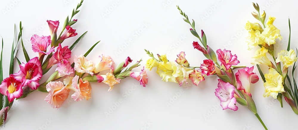 Poster pink and yellow gladiolus bouquet on a white backdrop ideal for a holiday card with a floral frame a
