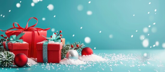 Festive Merry Christmas and Happy New Year greeting card with gift boxes snowballs decorations and a turquoise background for copy space image