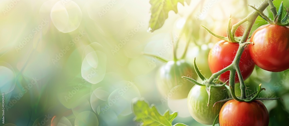 Poster natural red and green tomatoes on a branch in a homemade greenhouse with a blurry background ideal f