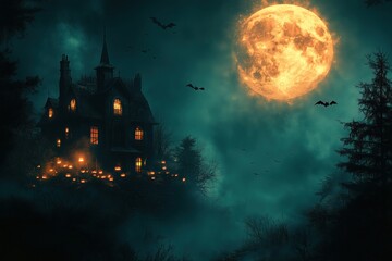 A haunted house with flickering lanterns and flying bats under a full moon. Spooky atmosphere for Halloween night, Copy space for text, No logo, No Trademark, No text