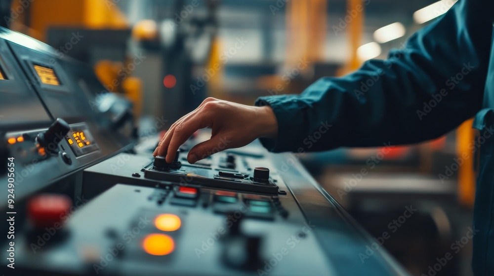 Poster a close-up of a hand operating a control panel in an industrial setting, showcasing the precision an