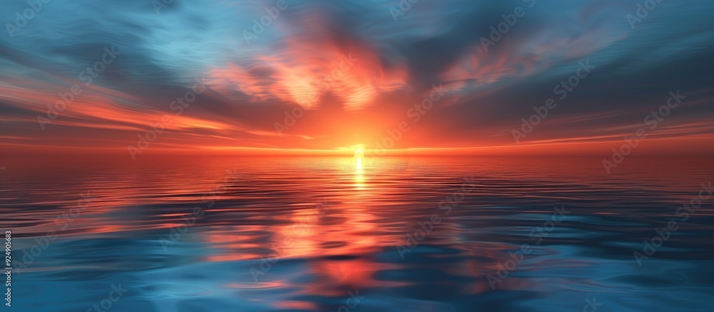 Poster sunset sky in shades of blue with a warm orange glow and reflection on water for a copy space image