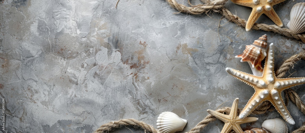 Poster Nautical themed background in gray hues adorned with starfish seashells and rope elements on a copy space image