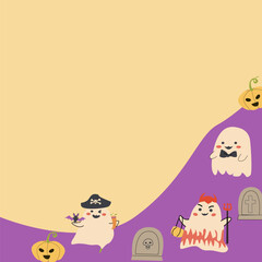Cute childrens halloween background with funny characters. Pumkins and ghosts, skulls, fall leaves, speech bubbles.