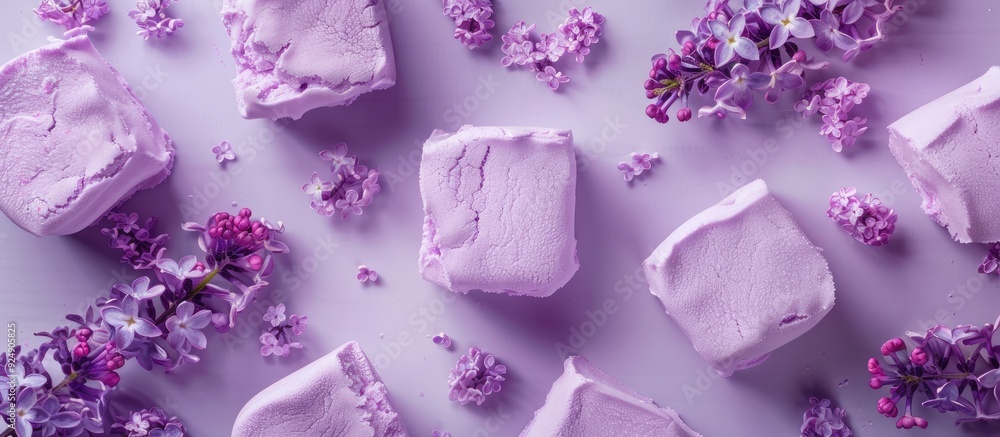 Aufkleber top view of a homemade marshmallow in violet color set against a background of lilac flowers and zep