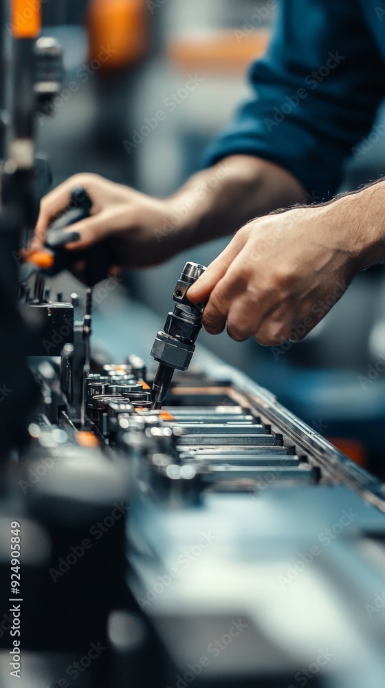 Poster a close-up of a person working with tools on a piece of machinery in an industrial setting. precisio