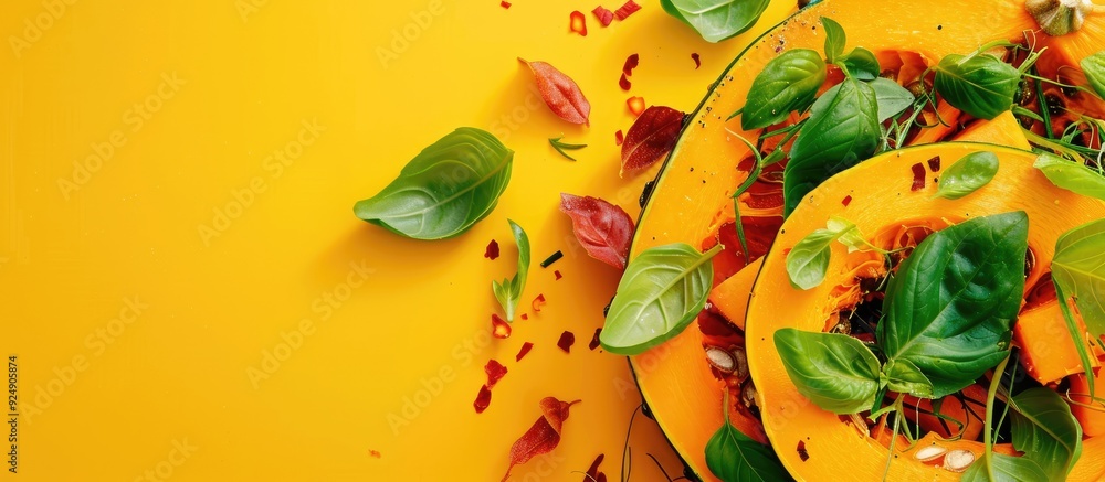 Aufkleber Top view of a pumpkin and basil salad on a yellow backdrop with space for text or image insertion. Creative banner. Copyspace image