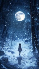 Moonlit Enchantment: The Winter Night's Snowy Realm Transformed by Magic and Mystery in Anime Style, storybook illustrations, comic strips, book illustrations and picture books,Abstract concepts, game