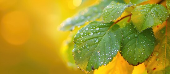 Macro shot of green autumn leaves with dew drops on a blurred yellow backdrop emphasizing nature with a convenient copy space image