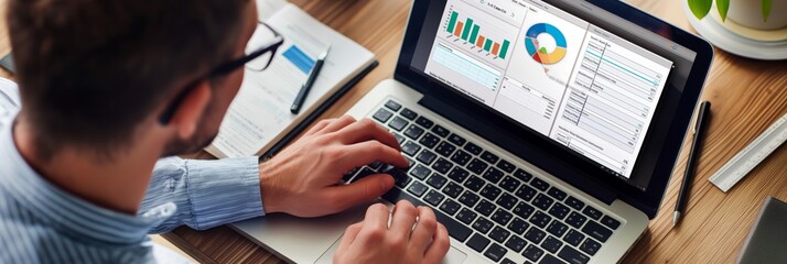 An individual working on a laptop, focusing on charts and graphs displayed on the screen, representing data analysis and business intelligence.