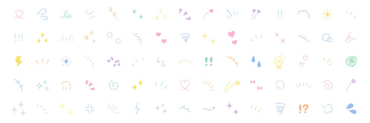 手書き風の飾りイラストのベクターイラストセット。手描き、集中線、注目、星、ハート、キラキラ