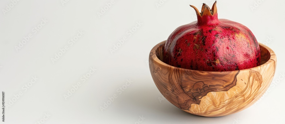 Poster a pomegranate inside a wooden cup on a white background with copy space image available