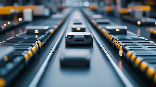 A close-up view of miniaturized car models on a high-tech assembly line, showcasing futuristic manufacturing and automation in the automotive industry.