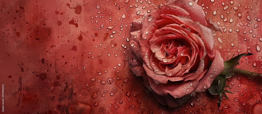Poster vintage painting style depicting a fully bloomed rose with raindrops on a red speckled backdrop show