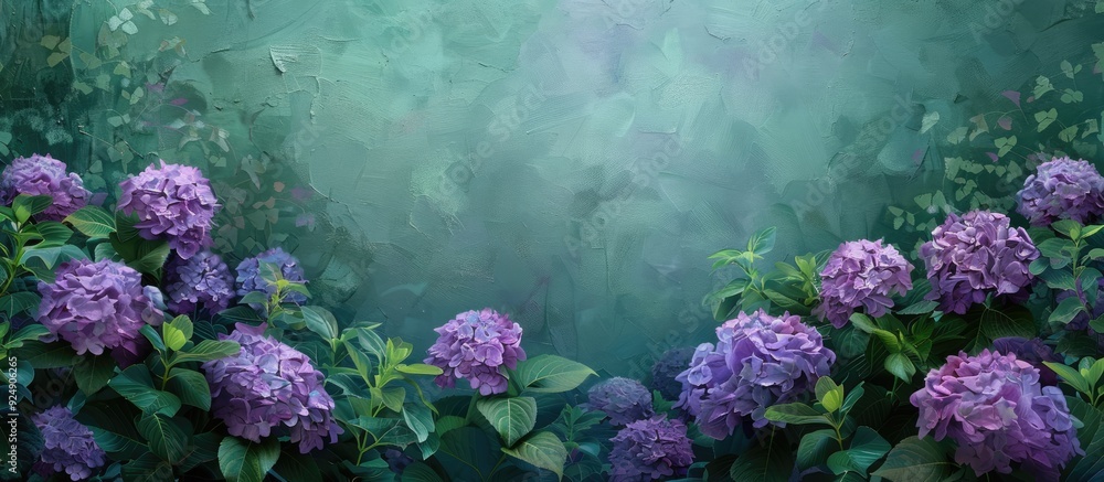 Poster lush green foliage surrounds vibrant purple hydrangeas in full bloom set against a serene backdrop w